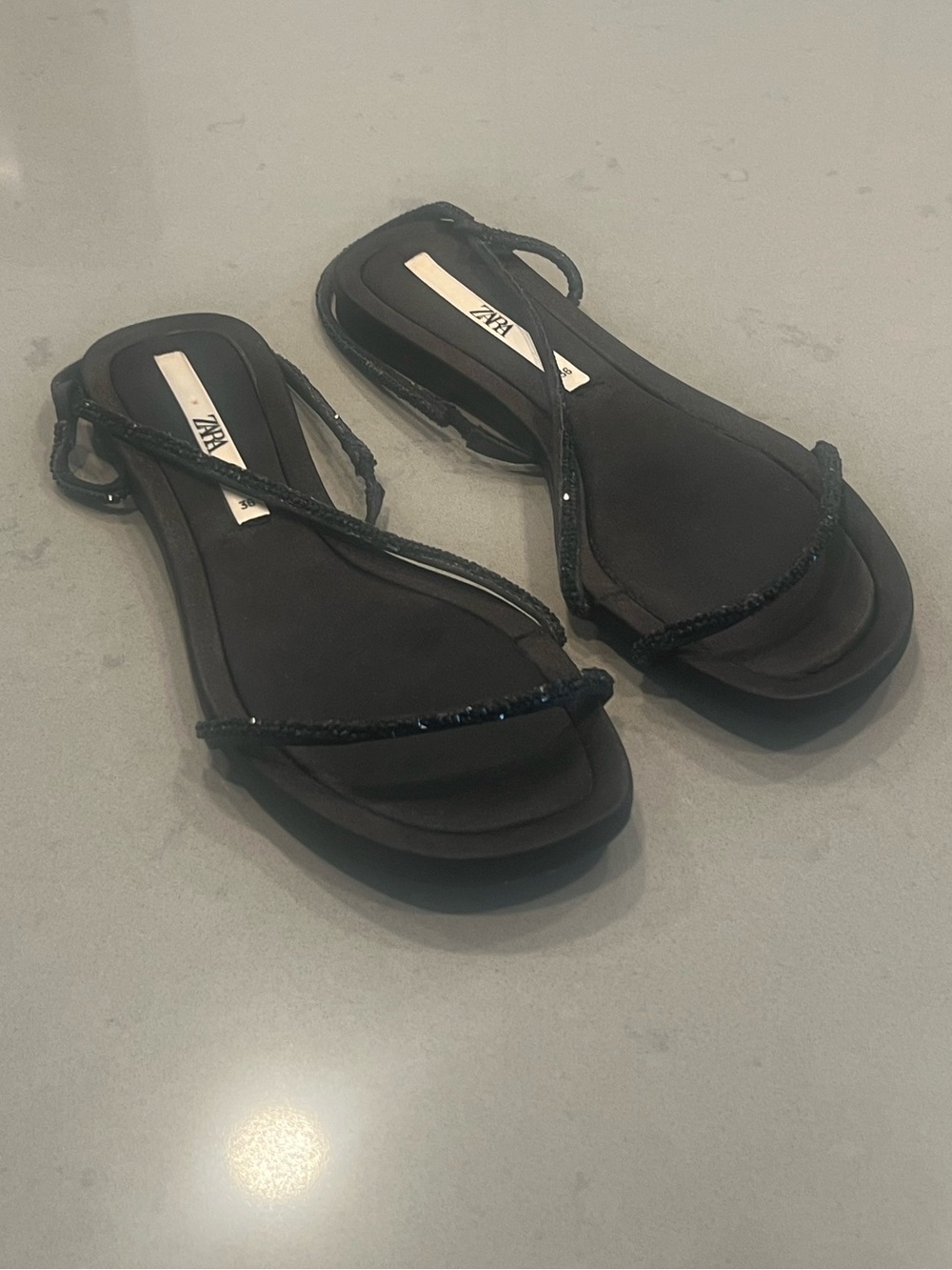 Zara Black Sequin T-Strap Flat Sandals